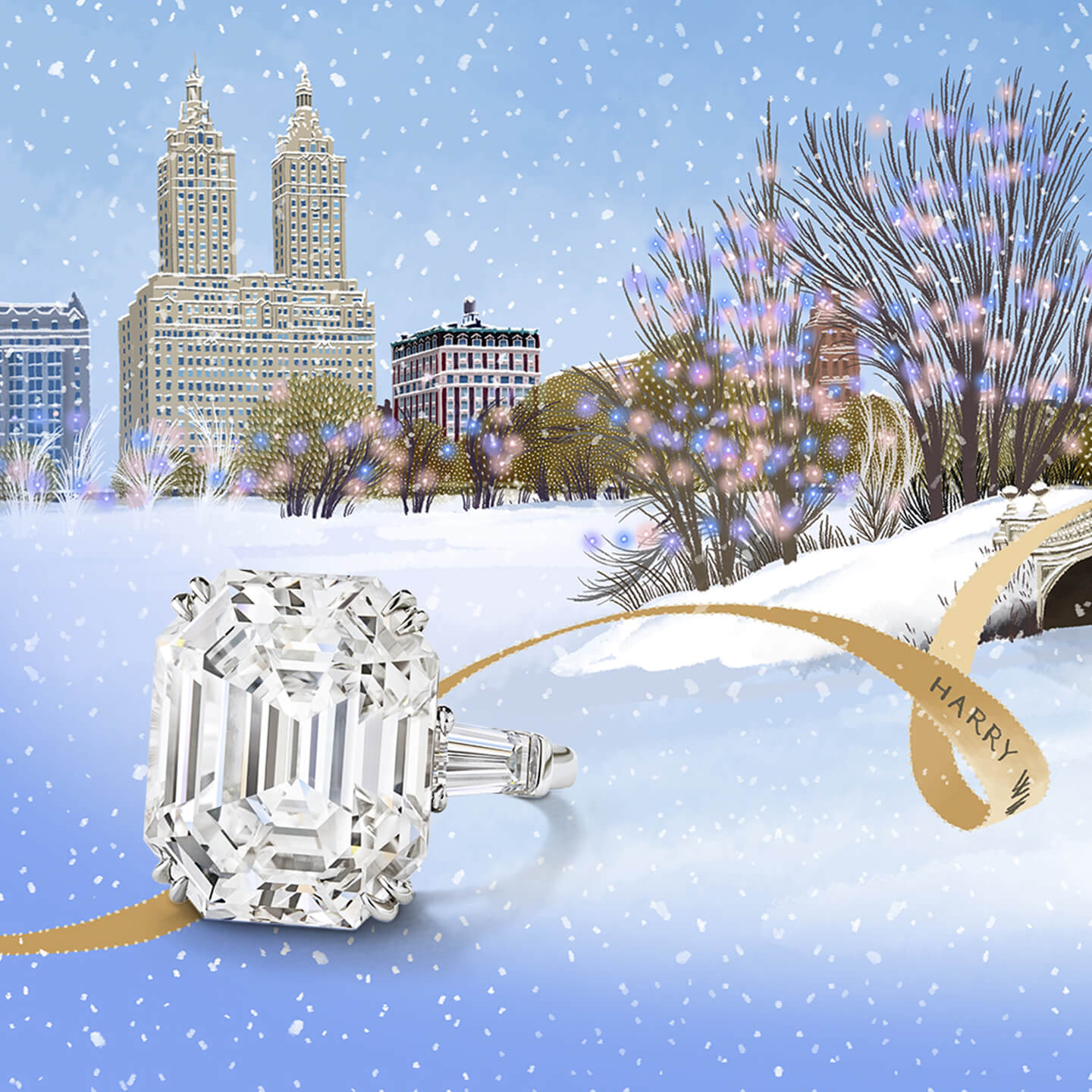 Classic Winston Engagement Ring in Central Park during winter