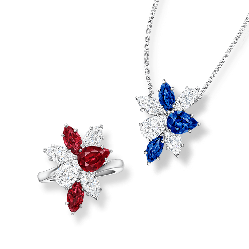 Winston Cluster Ruby Ring and Sapphire Diamond Pendant