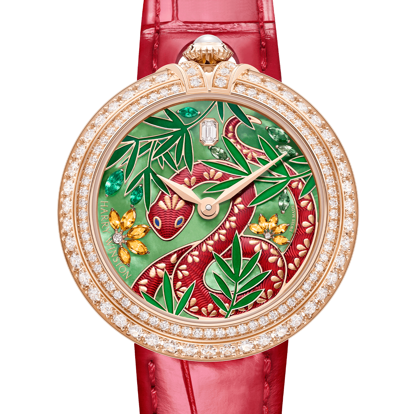 Chinese New Year Quatomatic 36mm 2025 with red snake on a green dial zoomed in