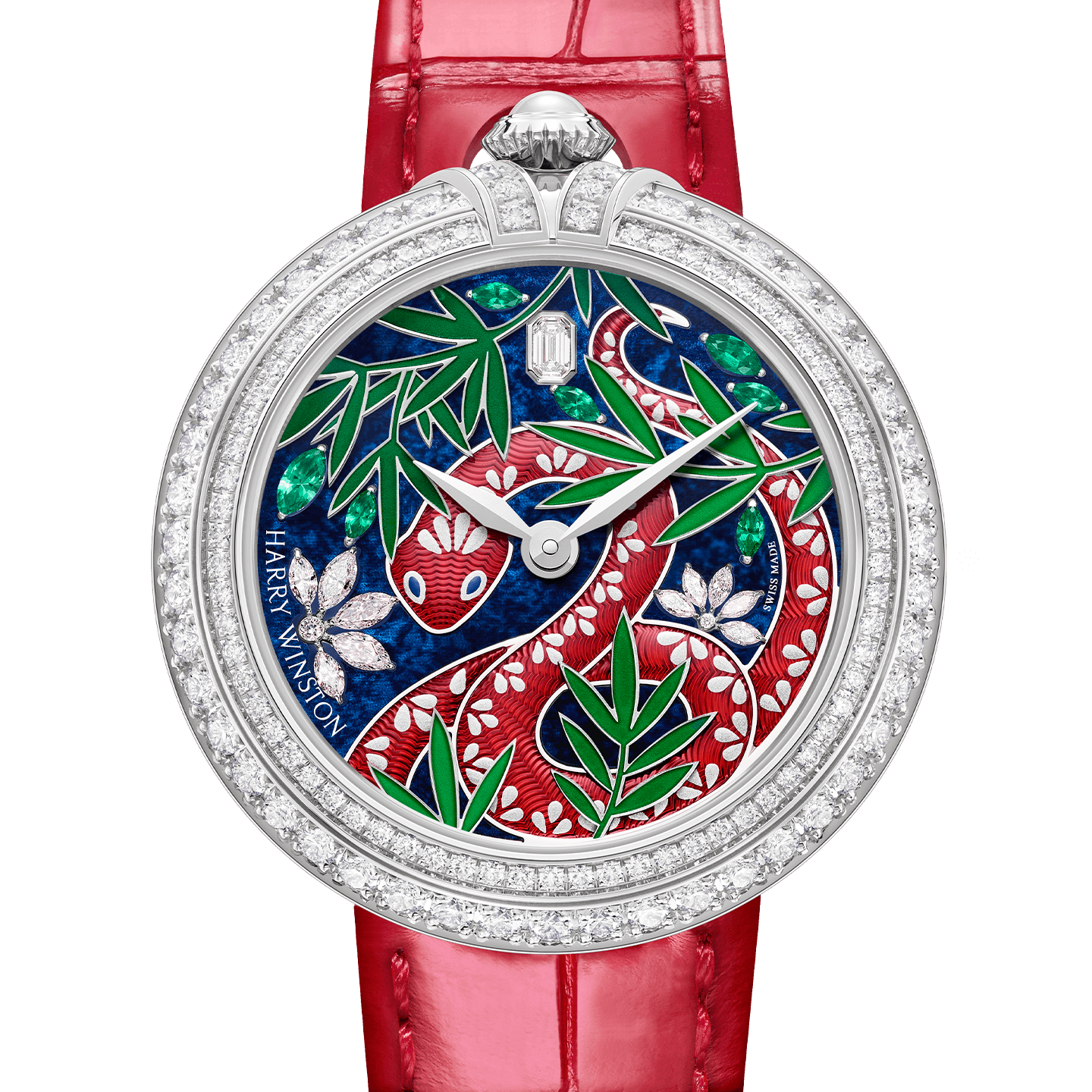 Chinese New Year Quatomatic 36mm 2025 with red snake on a blue dial zoomed in